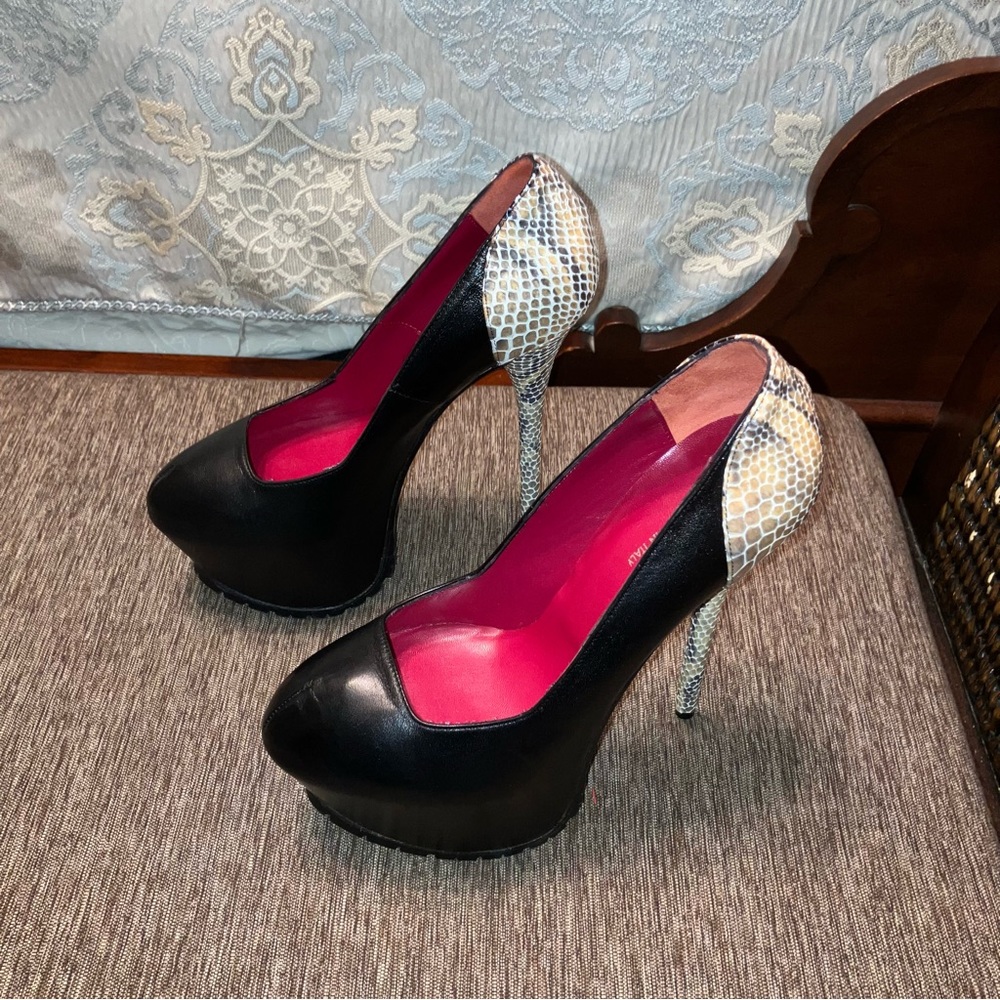 1969 Heels PUMPS Ultra High PLATFORM Black / Snakeskin - Sz 9 (EU 39) ITALY New!